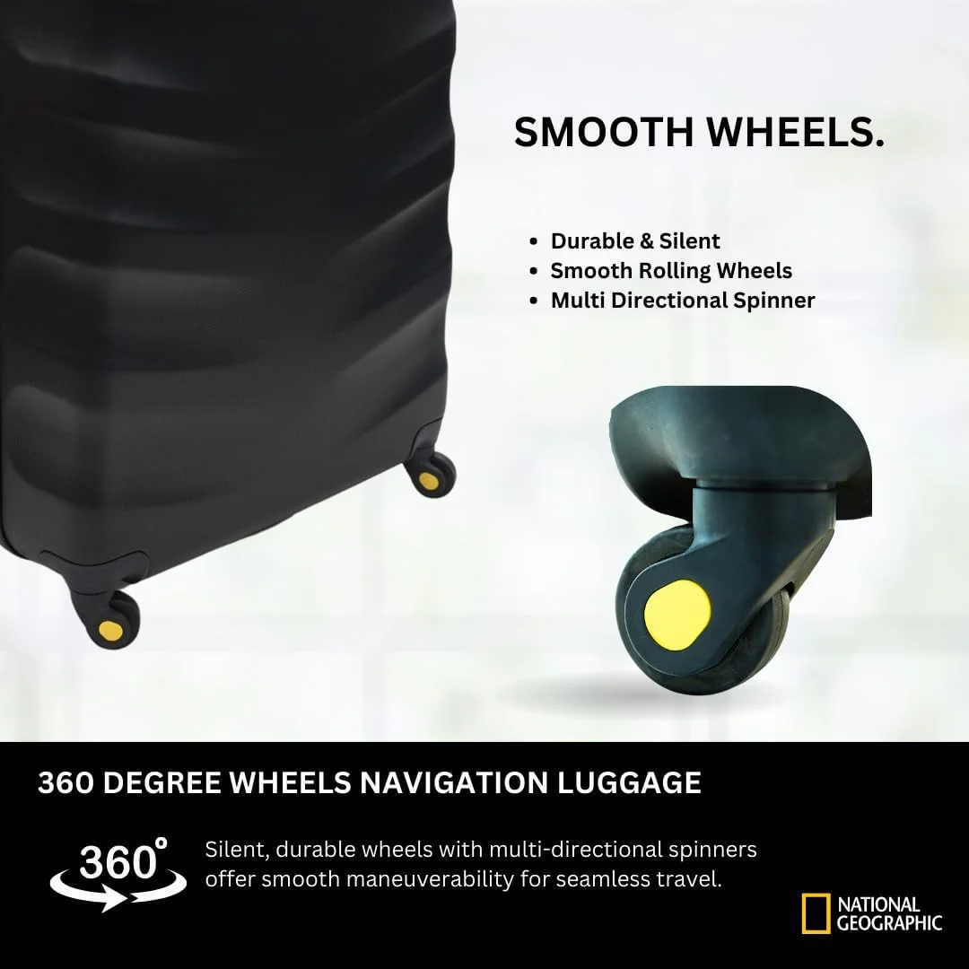 چمدان کابین کوچک سخت بدنه ABS نشنال جئوگرافیک مدل Arete، مشکی، چمدان مسافرتی سبک و بادوام، کیف ترولی 4 چرخ با قفل ترکیبی فوق ایمن (سایز 20 اینچ).