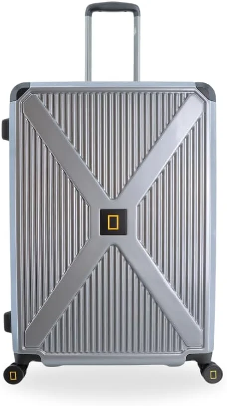 چمدان سایز بزرگ سخت بدنه پلی کربنات متالیک نشنال جئوگرافیک نقره ای، سبک وزن، بادوام، دارای زیپ ضد سرقت و قفل امنیتی اضافی، دارای 4 چرخ دوبل گردان، قابلیت افزایش حجم، سایز 28 اینچ