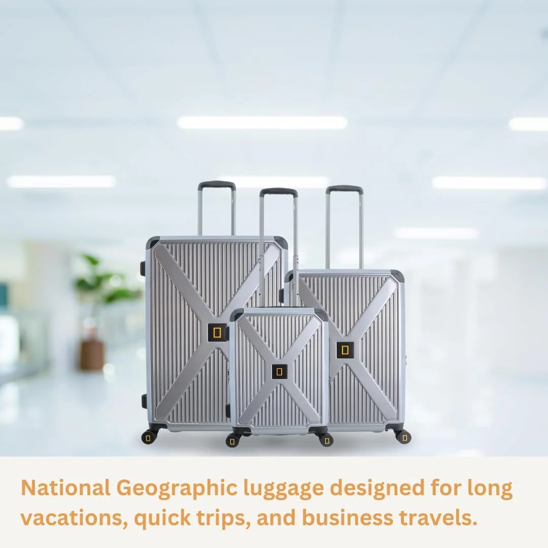 چمدان سایز بزرگ سخت بدنه پلی کربنات متالیک نشنال جئوگرافیک نقره ای، سبک وزن، بادوام، دارای زیپ ضد سرقت و قفل امنیتی اضافی، دارای 4 چرخ دوبل گردان، قابلیت افزایش حجم، سایز 28 اینچ