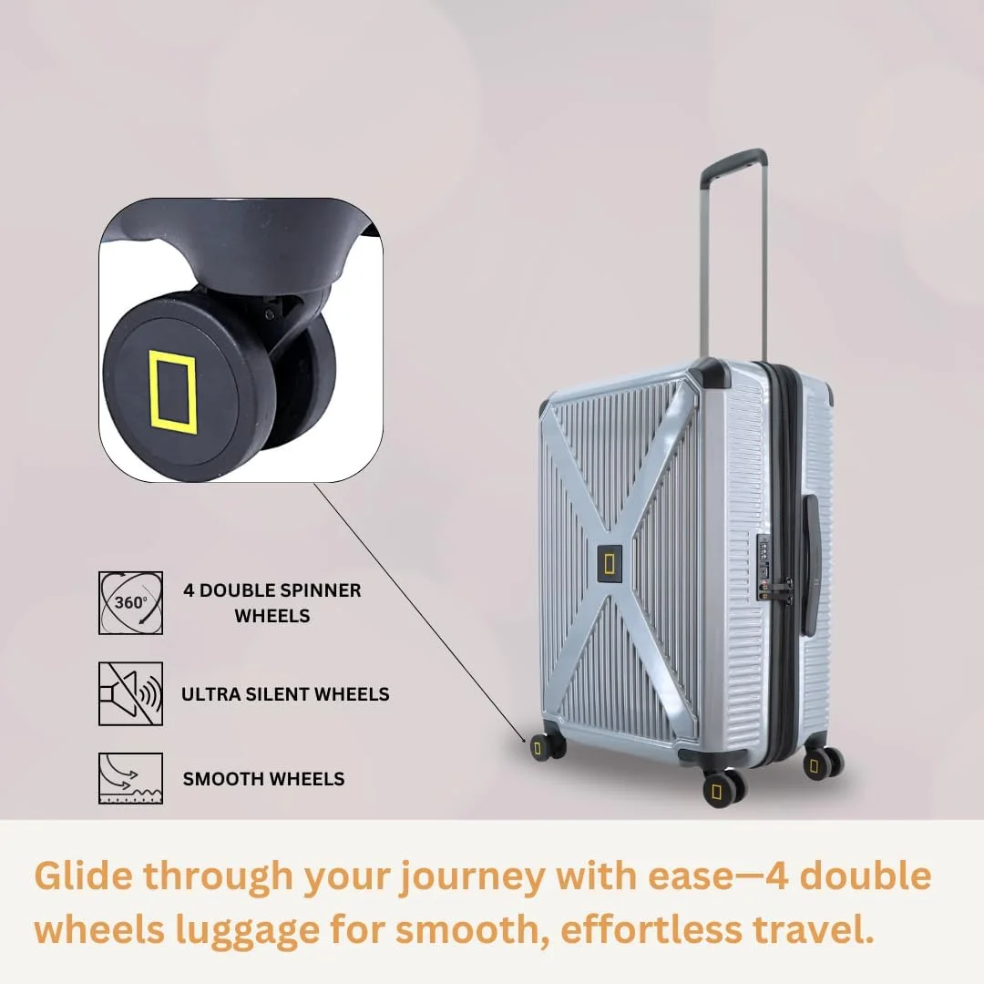 چمدان سایز بزرگ سخت بدنه پلی کربنات متالیک نشنال جئوگرافیک نقره ای، سبک وزن، بادوام، دارای زیپ ضد سرقت و قفل امنیتی اضافی، دارای 4 چرخ دوبل گردان، قابلیت افزایش حجم، سایز 28 اینچ