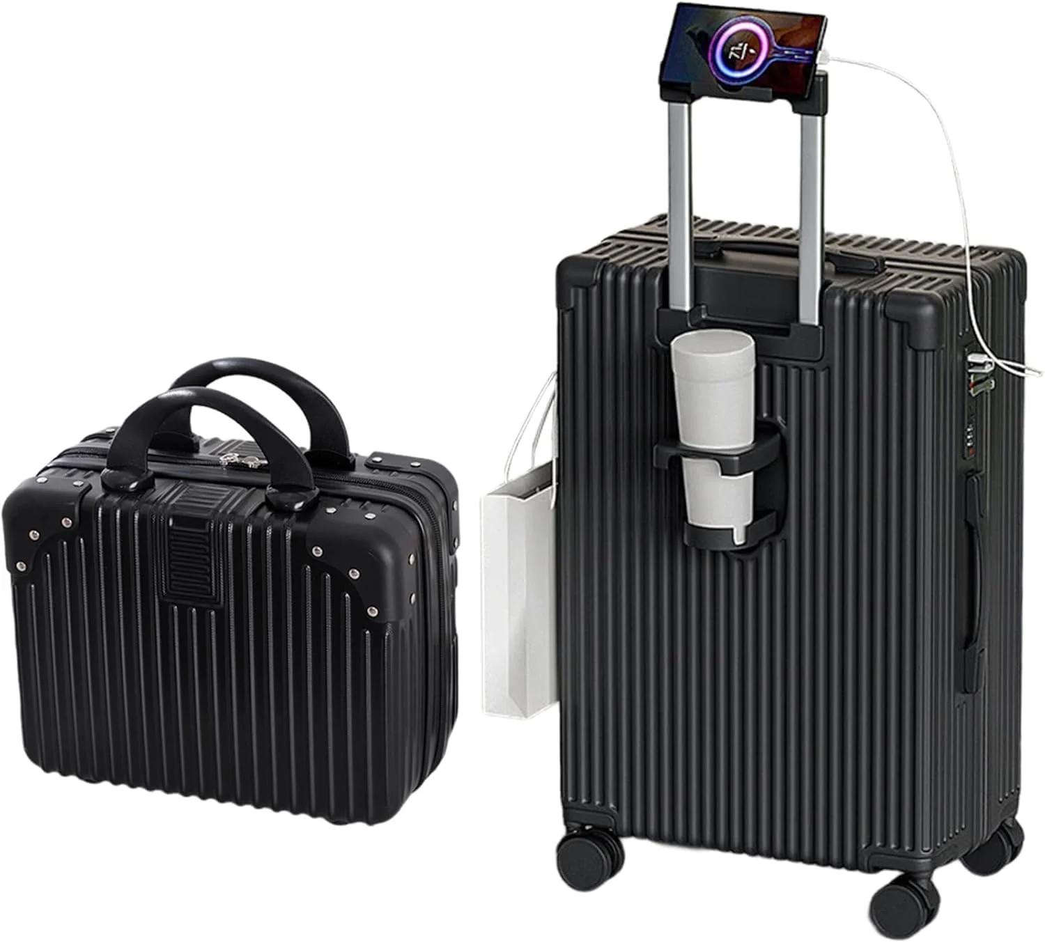 چمدان مسافرتی MOTIM با چرخ‌های بی‌صدا، رمز عبور، چرخ‌دار، چند منظوره، دارای جا لیوانی، پورت USB و نگهدارنده تلفن همراه با یک عدد کوچک 14 اینچی (مشکی، 20 اینچ)