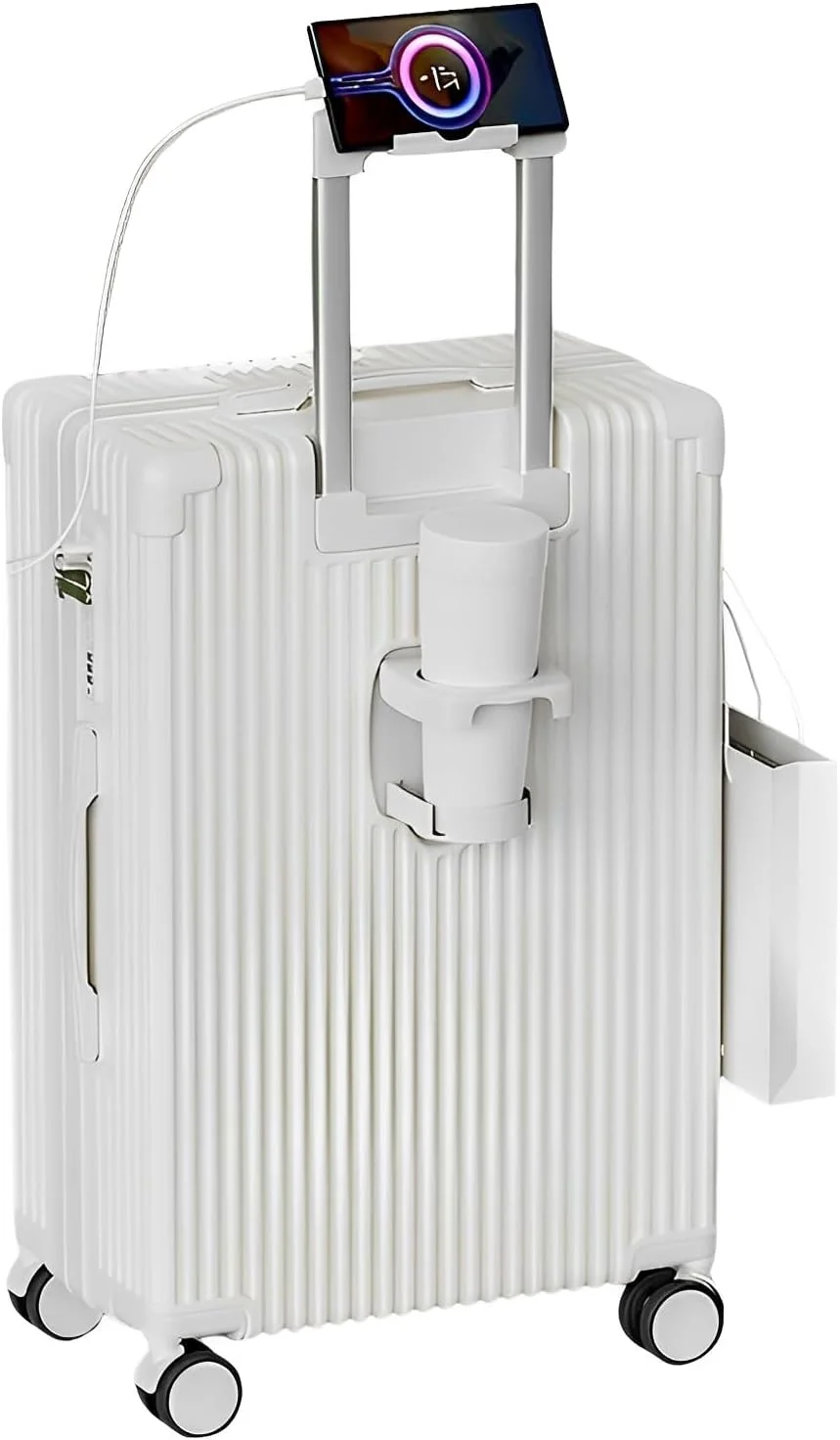 چمدان مسافرتی MOTIM با چرخ‌های بی‌صدا، رمز عبور، چرخ‌دار، چند منظوره، با جا لیوانی، پورت USB و نگهدارنده تلفن (سفید، 24 اینچ)