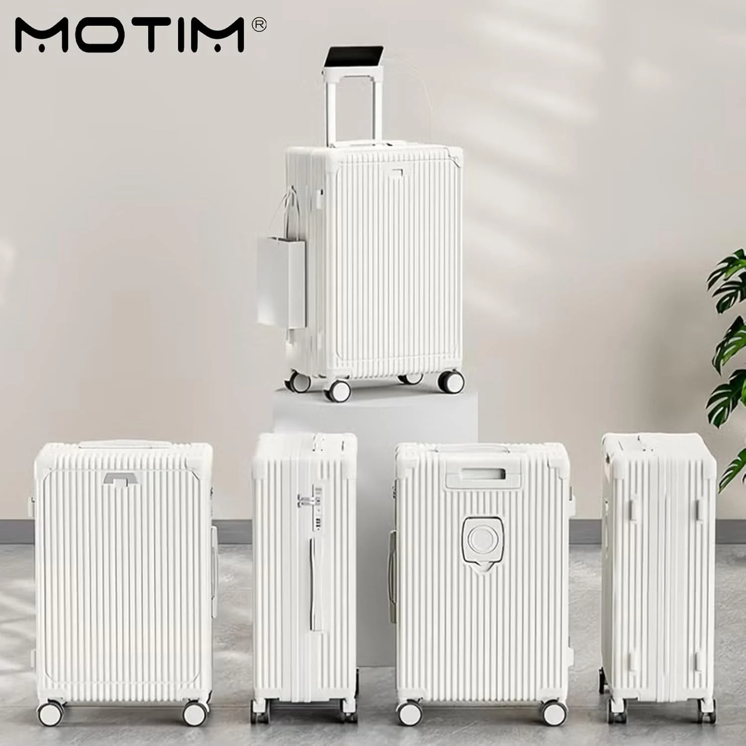 چمدان مسافرتی MOTIM با چرخ‌های بی‌صدا، رمز عبور، چرخ‌دار، چند منظوره، با جا لیوانی، پورت USB و نگهدارنده تلفن (سفید، 24 اینچ)