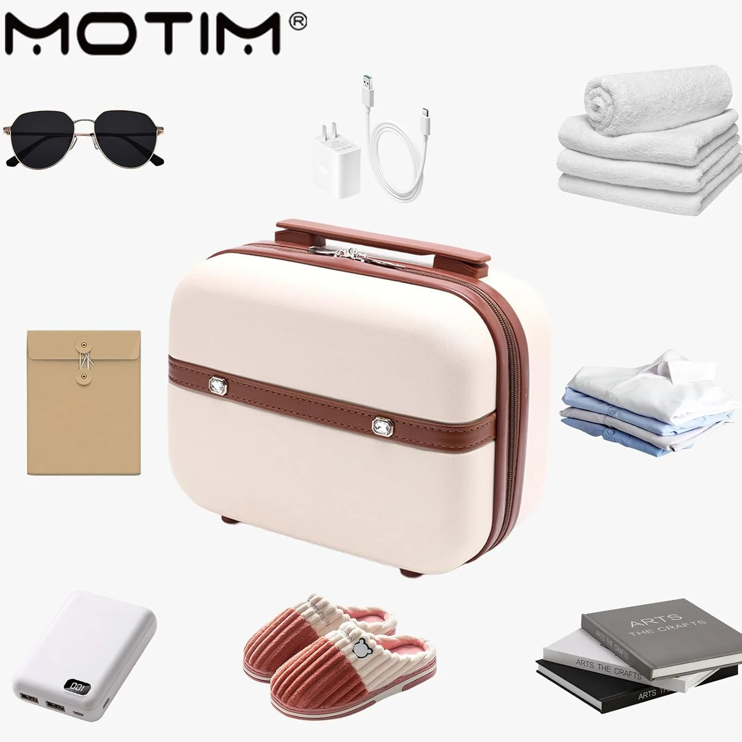 چمدان چرخ‌دار MOTIM طرح قدیمی، مناسب سفر و حمل آسان (بژ، سایز 14 اینچ)