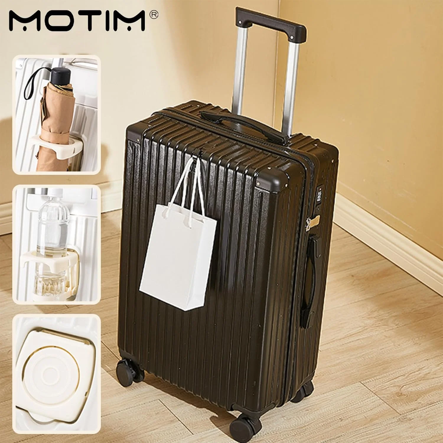 چمدان چرخشی سخت MOTIM، چمدان کابین با جا لیوانی، پورت USB و نگهدارنده تلفن، سبک و بادوام برای سفرهای طولانی (مشکی، 28 اینچ)
