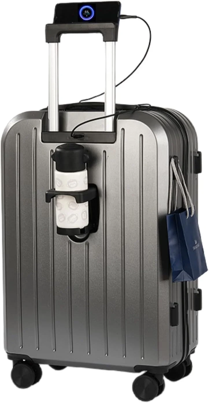 چمدان چرخ دار سخت MOTIM با جا لیوانی، پورت USB و نگهدارنده تلفن (خاکستری، سایز 20 اینچ)