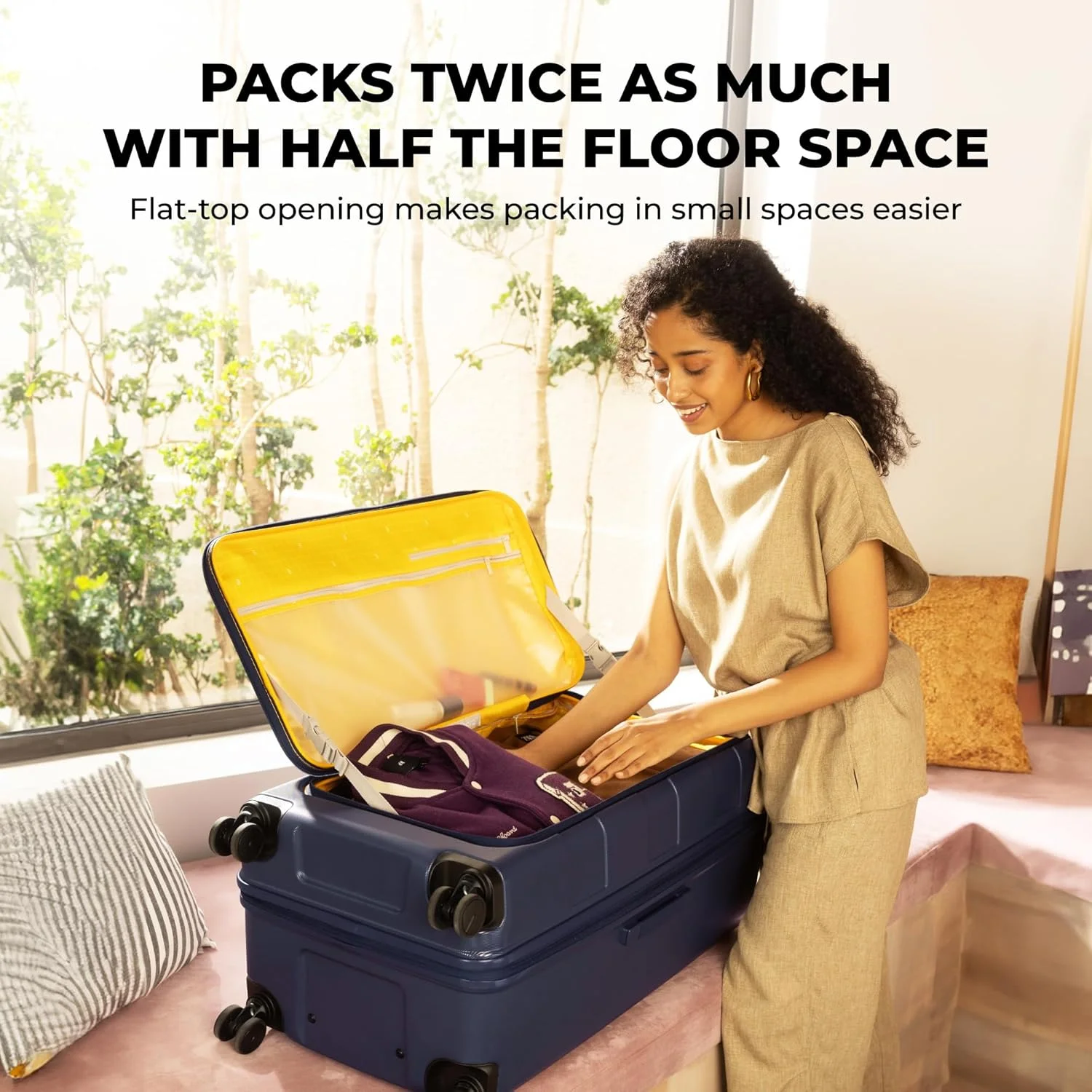 چمدان بزرگ مسافرتی مدل Em Access Trunk از MOKOBARA، سایز 79.2 سانتی متر | چمدان سخت بدنه پلی کربنات قابل افزایش حجم با 8 چرخ گردان و قفل TSA - طرح We Meet Again Sunray (آبی و زرد)