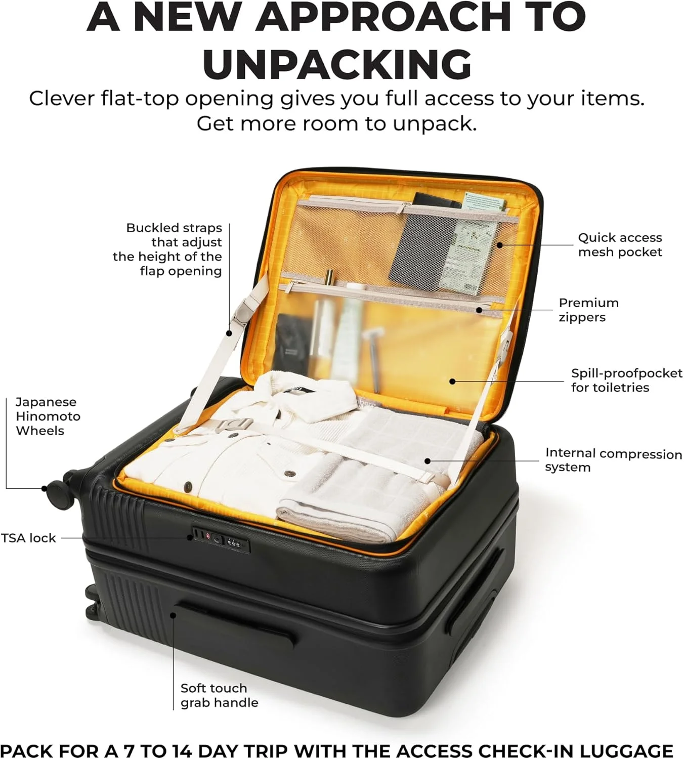 چمدان سایز متوسط موکوبارا مدل Access | چمدان پلی کربنات سخت با قفل TSA داخلی، مناسب سفر، رنگ مشکی و زرد، ارتفاع 65 سانتی متر