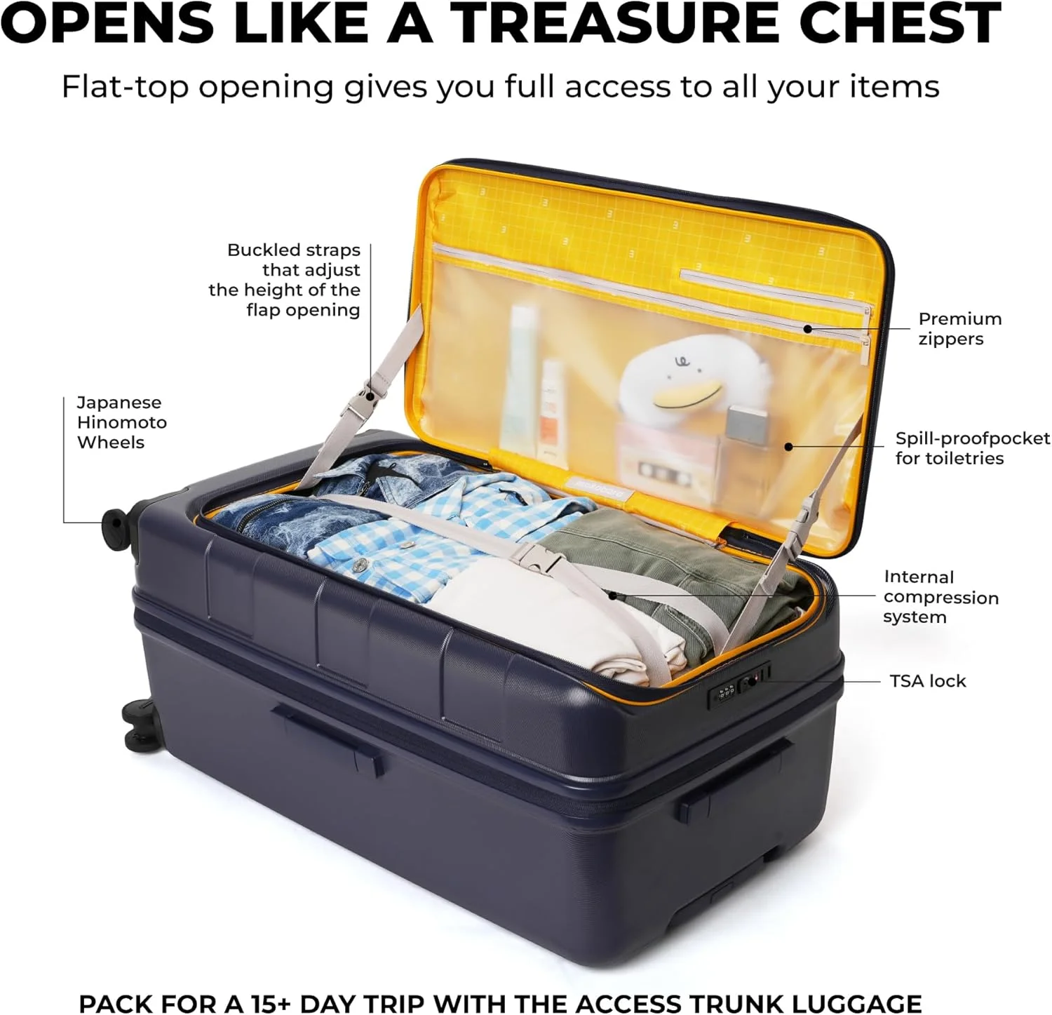 چمدان بزرگ مسافرتی مدل Em Access Trunk از MOKOBARA، سایز 79.2 سانتی متر | چمدان سخت بدنه پلی کربنات قابل افزایش حجم با 8 چرخ گردان و قفل TSA - طرح We Meet Again Sunray (آبی و زرد)