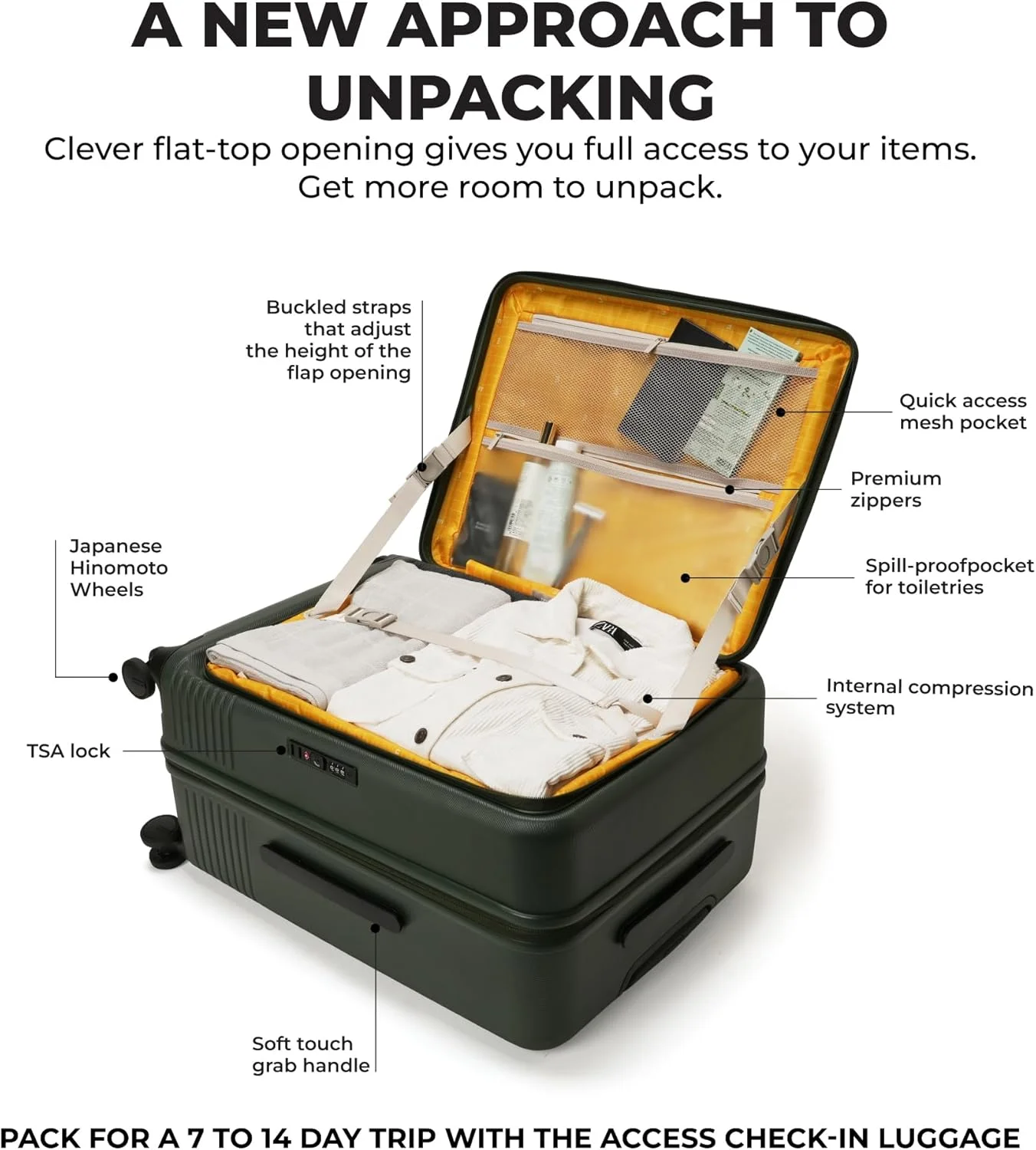 چمدان سایز متوسط موکوبارا مدل The Access | چمدان چرخ دار پلی کربنات سخت و مقاوم با قفل TSA داخلی، رنگ سبز دریایی، ارتفاع 65 سانتی متر