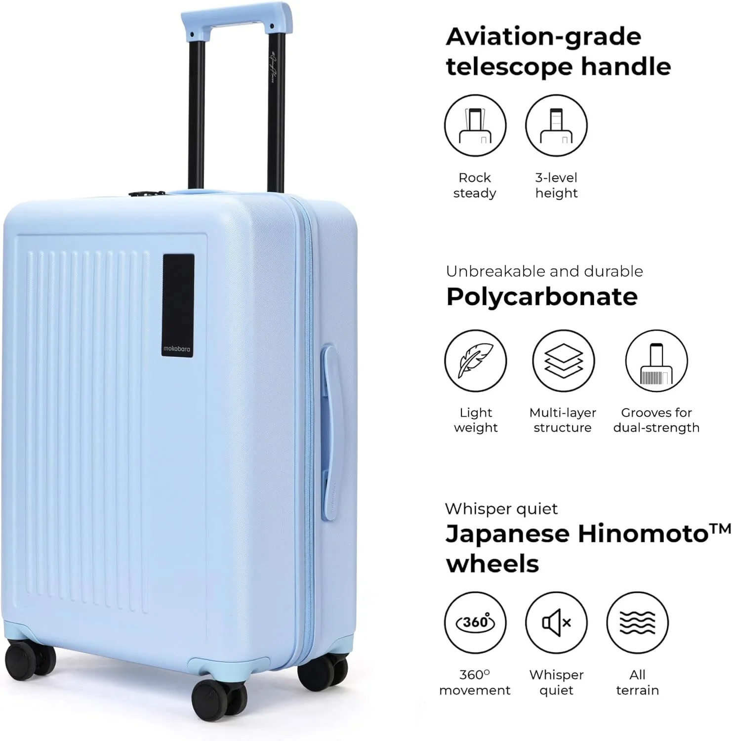 ست سه تایی چمدان مسافرتی موج ترانزیت موکوبارا | کوچک 54 سانتی متر، متوسط 64 سانتی متر و بزرگ 74 سانتی متر پلی کربنات آبی 8 چرخ ترولی چمدان سخت با قفل TSA داخلی (آبی خجالتی)