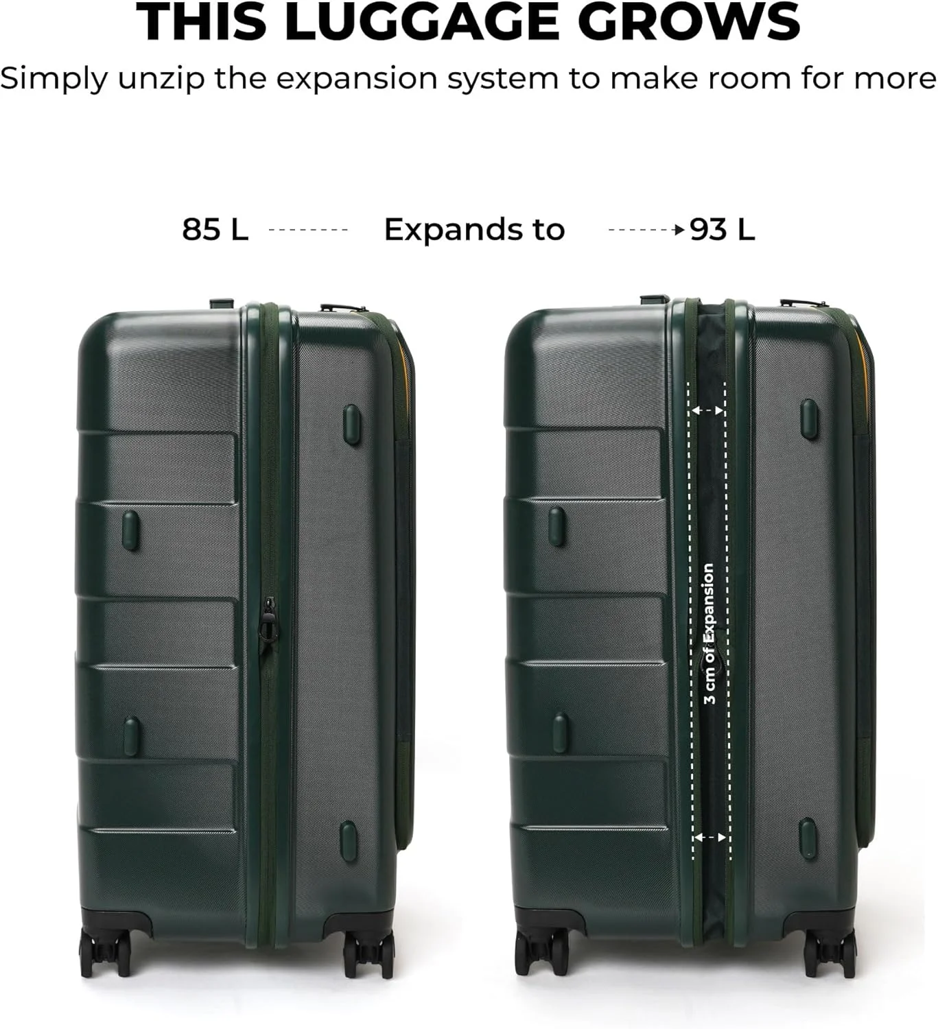 چمدان سایز بزرگ موکوبارا مدل Em Access | بدنه سخت با ظرفیت 85 تا 93 لیتر با قابلیت افزایش حجم، قفل TSA و چرخ های ژاپنی Hinomoto | دسته ارگونومیک برای حمل آسان | سبز | سبز انرژی سانری