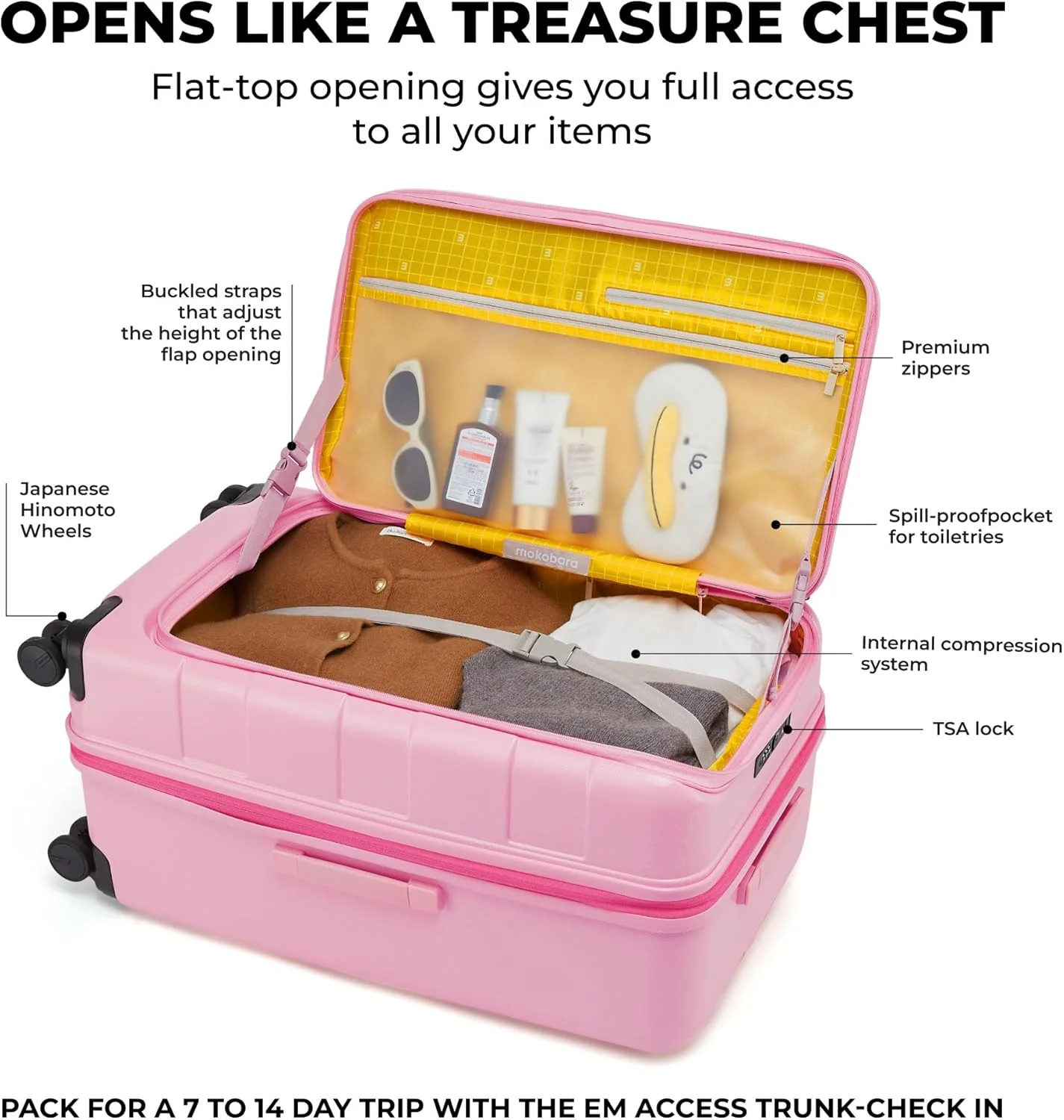 چمدان بزرگ مسافرتی موکوبارا مدل Em Access | ظرفیت 85 تا 93 لیتر با قابلیت افزایش حجم، بدنه سخت، قفل TSA و چرخ‌های ژاپنی Hinomoto | دسته ارگونومیک برای حمل آسان | صورتی | ببخشید