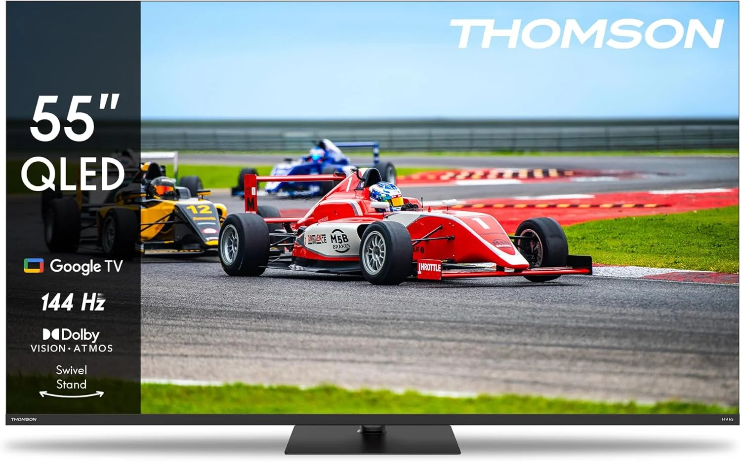 تلویزیون 55 اینچ کیولد پرو Thomson با طراحی پایه مرکزی – نرخ نوسازی 144 هرتز، 4K UHD، Dolby Vision & Atmos، کنترل صوتی هوشمند، دستیار صوتی گوگل، نمایشگر بدون حاشیه، تلویزیون ممتاز