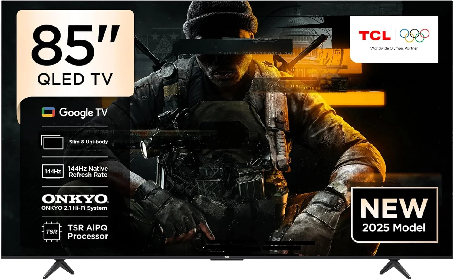 تلویزیون هوشمند تی سی ال مدل 85T8C سایز 85 اینچ 4K QLED با کریستال کوانتومی رنگی HDR 10+ مناسب بازی، مجهز به Google TV، نرخ نوسازی 144 هرتز، سیستم صوتی ONKYO 2.1 Hi-Fi، Dolby Atmos، DTS Virtual X، MEMC و Game Master (مدل 2025)