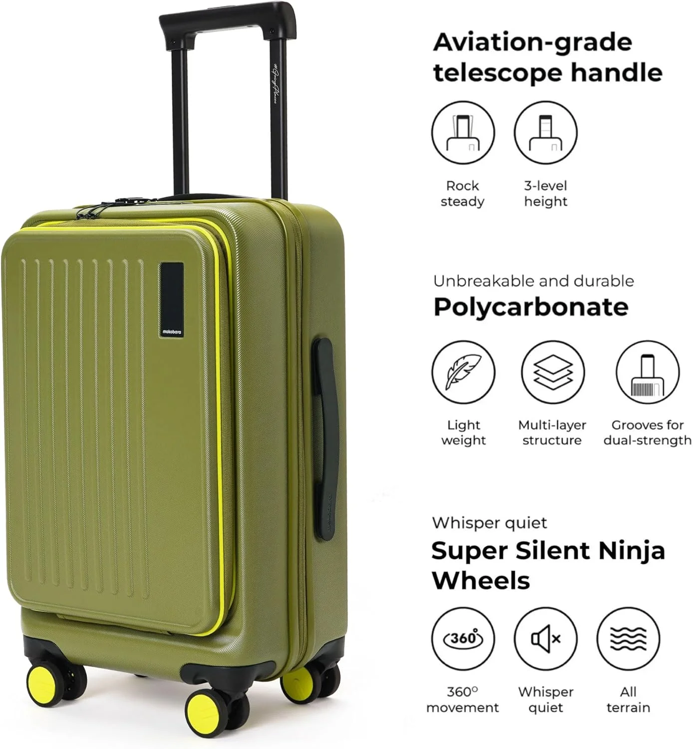 چمدان کابین ترانزیت پرو MOKOBARA | ظرفیت 40 لیتر، محفظه لپ تاپ 15.6 اینچی، بدنه سخت پلی کربنات | چمدان دستی برای مسافرت | سبز | So Matcha Limeray 2.0 (نسخه محدود)