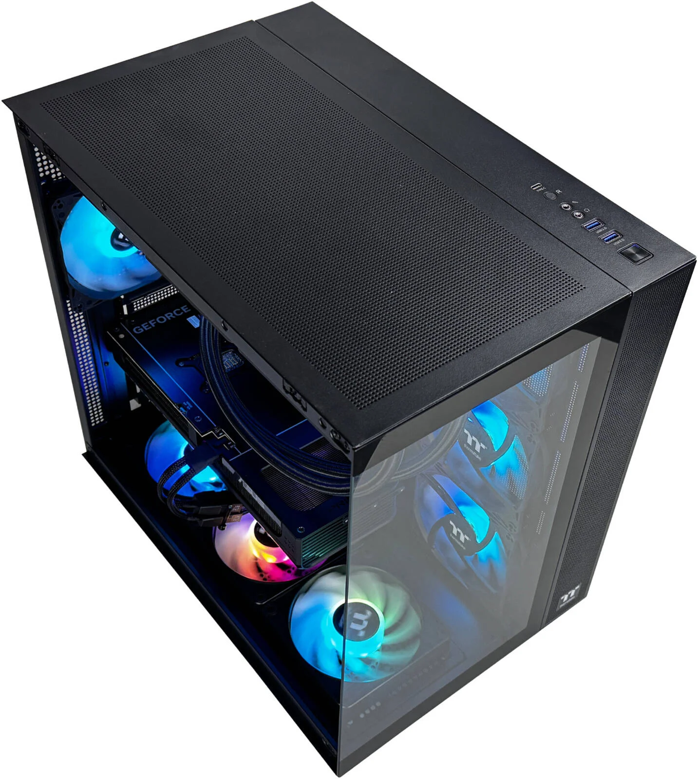 کامپیوتر گیمینگ EntryX - پردازنده Intel Core i7-14700KF با 20 هسته و 28 رشته، کارت گرافیک NVIDIA RTX 5070 با 12 گیگابایت حافظه، 32 گیگابایت رم DDR5 با فرکانس 6000 مگاهرتز، 1 ترابایت SSD Gen 4، منبع تغذیه 650W 80 PLUS، خنک کننده مایع 360 میلی متری، Wi-Fi + BT
