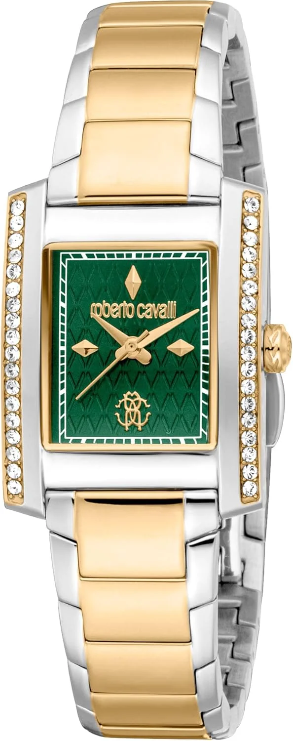 ساعت مچی آنالوگ زنانه روبرتو کاوالی با صفحه مربعی، قطر قاب 24 میلی متر، سبز/طلایی/خاکستری نقره ای