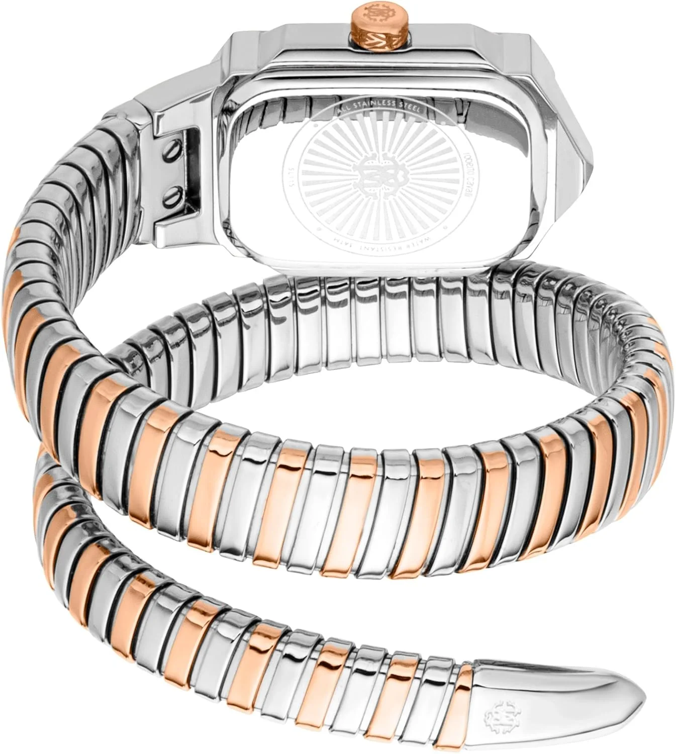 ساعت آنالوگ زنانه روبرتو کاوالی مدل RC5L115M0075، قاب مربعی، قطر قاب 22 میلی متر، طلایی مایل به قرمز/نقره ای