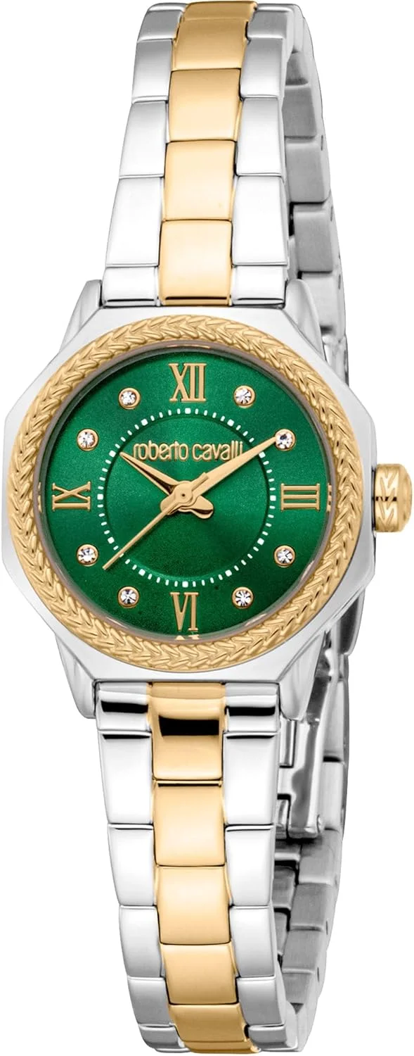 ساعت مچی آنالوگ زنانه روبرتو کاوالی با صفحه گرد، قطر قاب 24 میلی متر، سبز/طلایی/خاکستری نقره ای