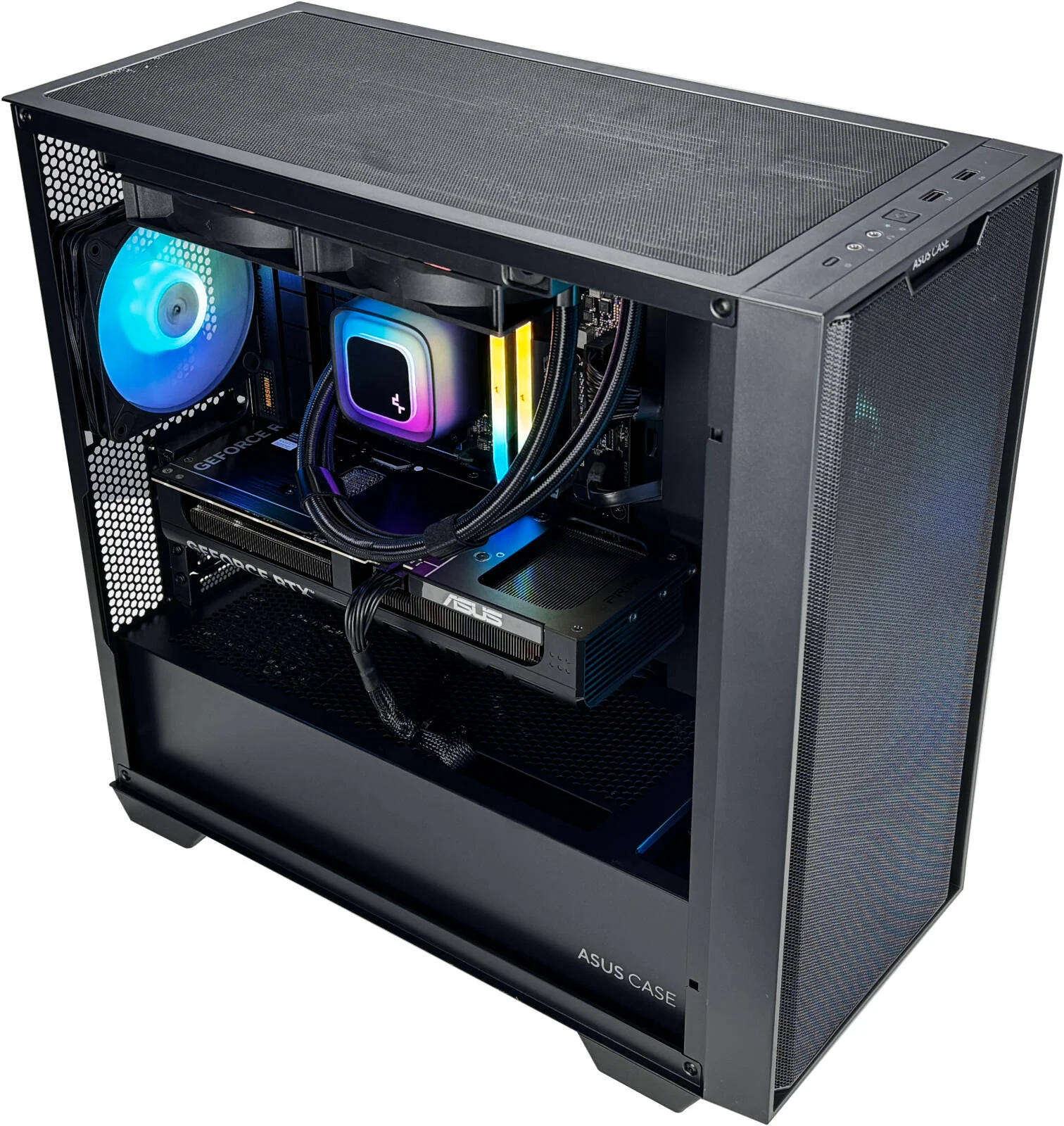 کامپیوتر گیمینگ FusionX - پردازنده AMD Ryzen 7 9700X با 8 هسته و 16 رشته، کارت گرافیک NVIDIA RTX 5060 Ti با 8 گیگابایت حافظه، 16 گیگابایت رم DDR5 با فرکانس 5600 مگاهرتز، 1 ترابایت حافظه SSD نسل 4، منبع تغذیه 650 وات گلد، خنک کننده مایع 240 میلی متری، Wi-Fi + BT