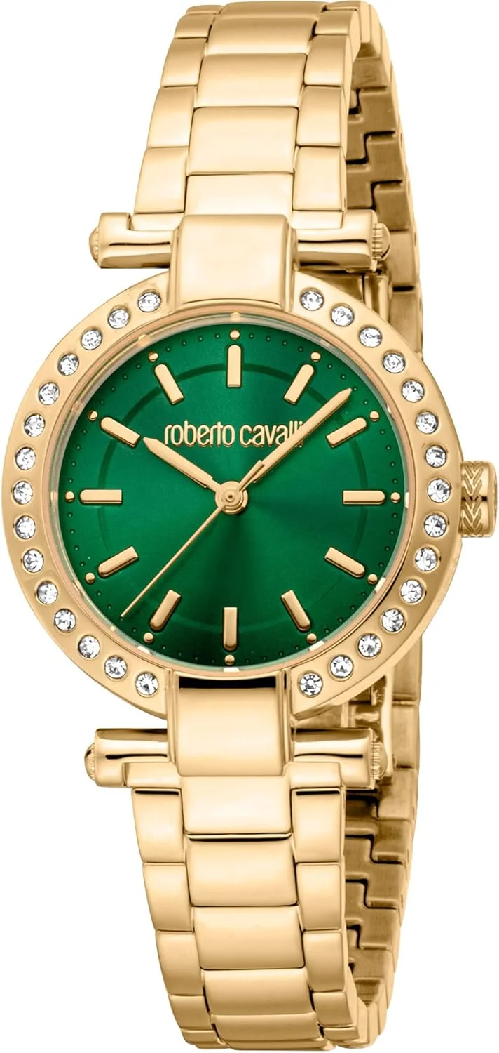 ساعت مچی آنالوگ زنانه روبرتو کاوالی با قاب گرد، قطر قاب 30 میلی متر، سبز بطری/طلایی