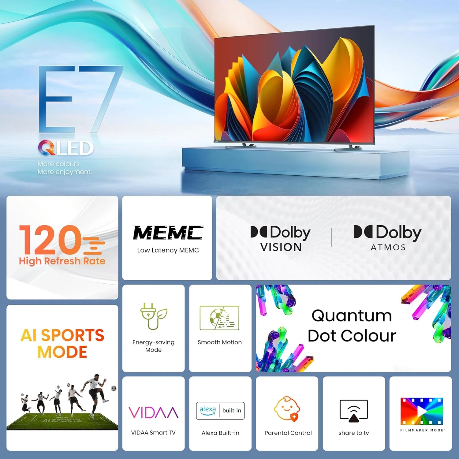 تلویزیون هوشمند 55 اینچ هایسنس QLED مدل E7N - رنگ نقطه کوانتومی، تصویر هوش مصنوعی، Dolby Vision، Dolby Atmos، اشتراک گذاری در تلویزیون، کنترل صوتی، حالت فیلمساز، یوتیوب، نتفلیکس، دیزنی پلاس و شاهد، 55E7N (نسخه امارات متحده عربی 2024)