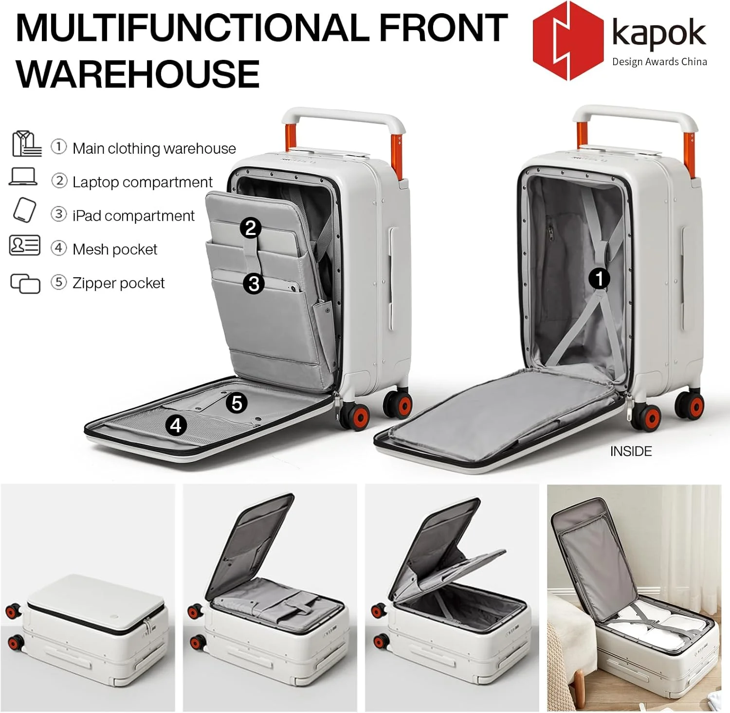 چمدان کابین سایز میکسی با دسته پهن، طراحی لوکس، چمدان مسافرتی چرخ دار، بدنه سخت PC با فریم آلومینیومی و چرخ های اسپینر، به همراه کاور، سایز 20 اینچ، سفید دودی