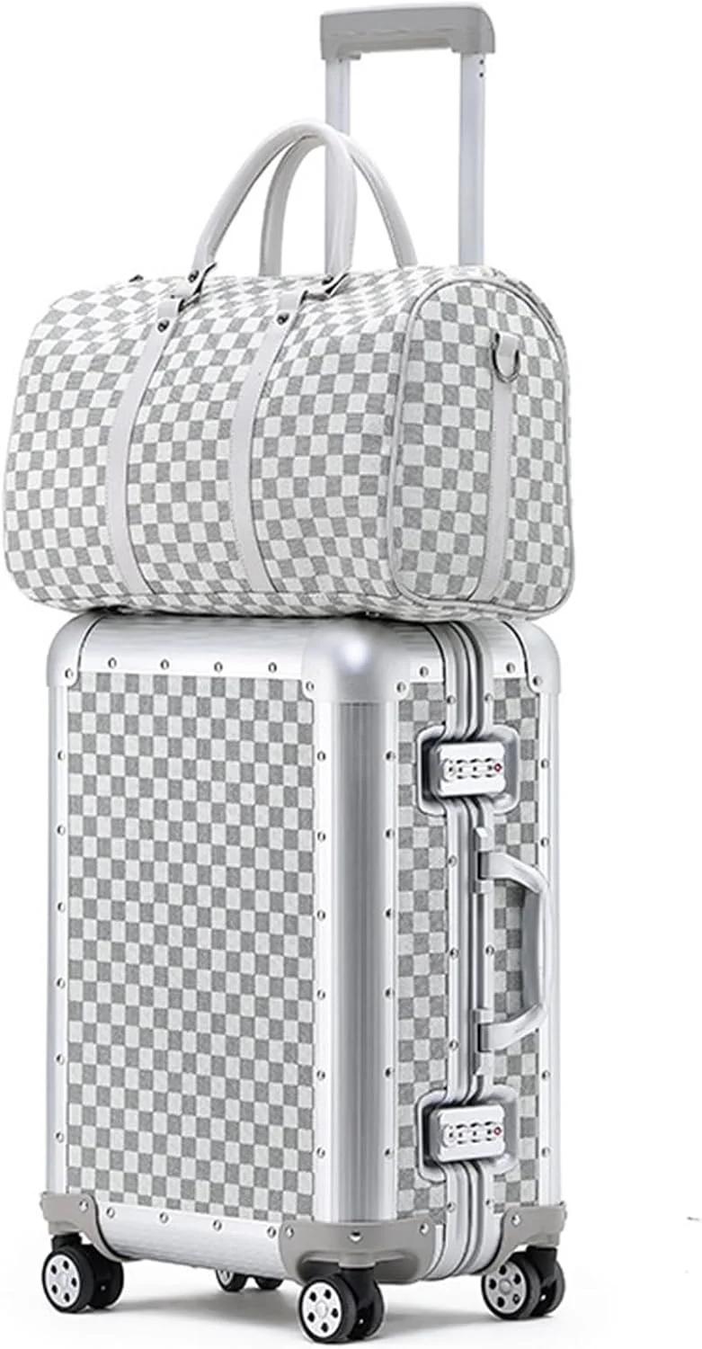 مجموعه چمدان سایز کابین 20 اینچی / چمدان آلومینیومی سخت با الگوی شطرنجی و کیف دستی سبک وزن برای سفر کاری | تعطیلات آخر هفته | پرواز بین المللی | مسافرت (سفید)