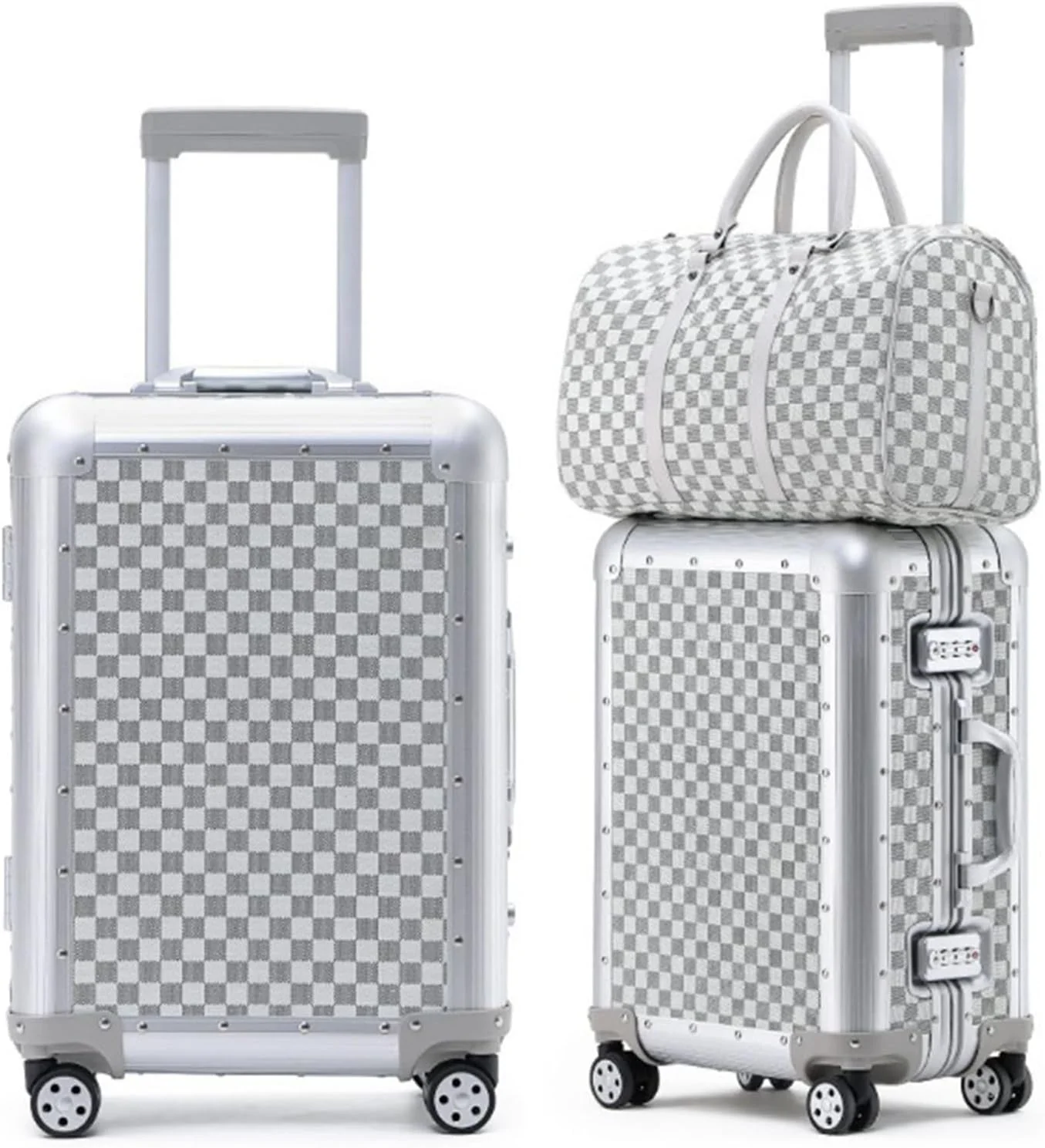 مجموعه چمدان سایز کابین 20 اینچی / چمدان آلومینیومی سخت با الگوی شطرنجی و کیف دستی سبک وزن برای سفر کاری | تعطیلات آخر هفته | پرواز بین المللی | مسافرت (سفید)