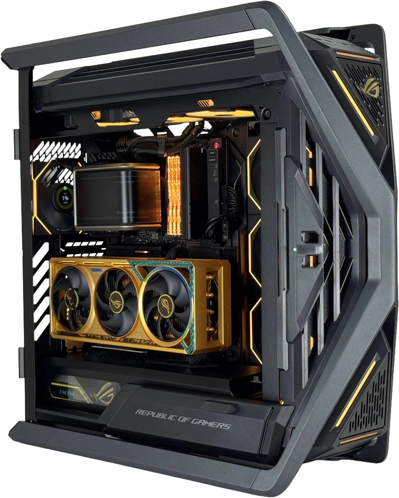 کامپیوتر گیمینگ هایپریون - AMD Ryzen 9 9950X3D با 16 هسته و 32 رشته، NVIDIA RTX 5090 با 32 گیگابایت حافظه، 64 گیگابایت رم DDR5 با فرکانس 5600 مگاهرتز، 2 ترابایت SSD Gen 5، منبع تغذیه 1200 واتی تیتانیومی، خنک کننده مایع 360 میلی متری با نمایشگر، Wi-Fi + BT، ویندوز 11 پرو