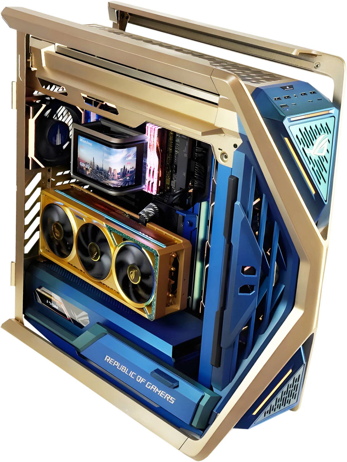 کامپیوتر گیمینگ Hyperion Dhahab - پردازنده Intel Core Ultra 9 285K (24 هسته/24 رشته), کارت گرافیک NVIDIA RTX 5090 32GB, رم 64GB DDR5 5600MHz, حافظه SSD 2TB Gen 5, منبع تغذیه 1200W Titanium, خنک کننده مایع 360mm با نمایشگر, Wi-Fi + BT, ویندوز 11 پرو