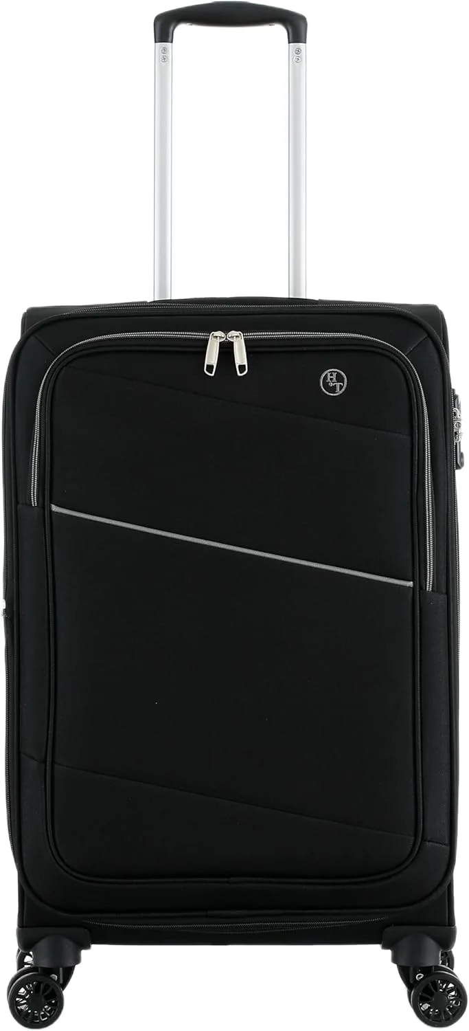 چمدان سایز بزرگ H.T - چمدان بادوام با بدنه نرم، چرخ های گردان، دسته تلسکوپی و زیپ های ضد گیر (82 لیتر، چمدان مسافرتی سبک وزن) (مشکی، سایز متوسط 24 اینچ)