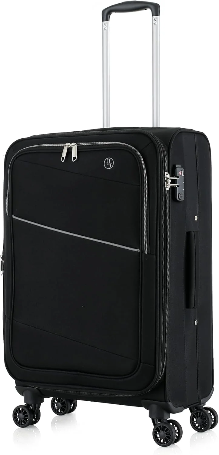 چمدان سایز بزرگ H.T - چمدان بادوام با بدنه نرم، چرخ های گردان، دسته تلسکوپی و زیپ های ضد گیر (82 لیتر، چمدان مسافرتی سبک وزن) (مشکی، سایز متوسط 24 اینچ)