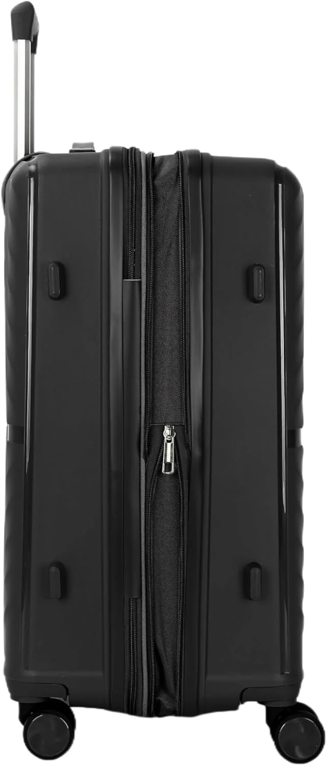 چمدان سایز متوسط بزرگ‌شونده H.T با چرخ‌های اسپینر، دسته تلسکوپی، قفل TSA و زیپ ضد گیر – چمدان هارد شل (24 اینچ، 85 لیتر، سایز متوسط، مشکی)