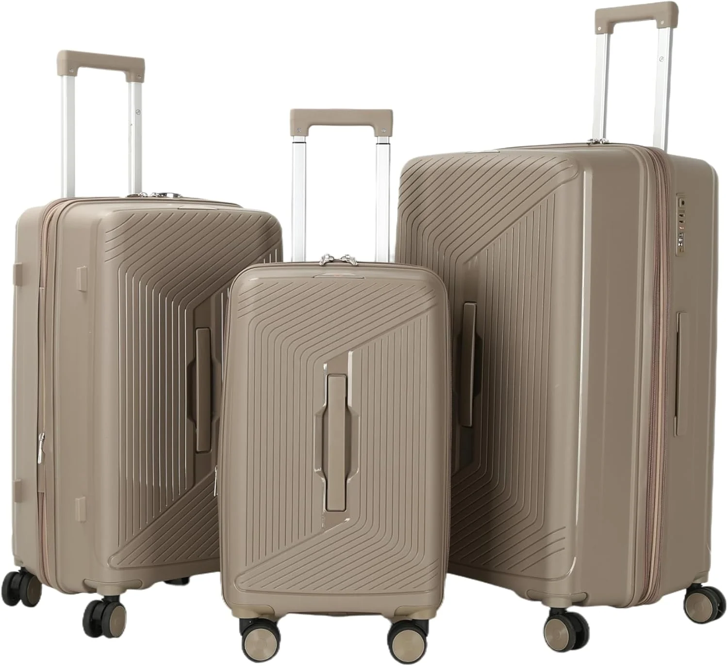 ست چمدان 3 تکه H.T – چمدان های هارد شل با قابلیت افزایش حجم، چرخ های اسپینر، قفل TSA و زیپ های ضد گیر (20/24/28 اینچ، 47/87/137 لیتر، ست سبک وزن، شامپاین)