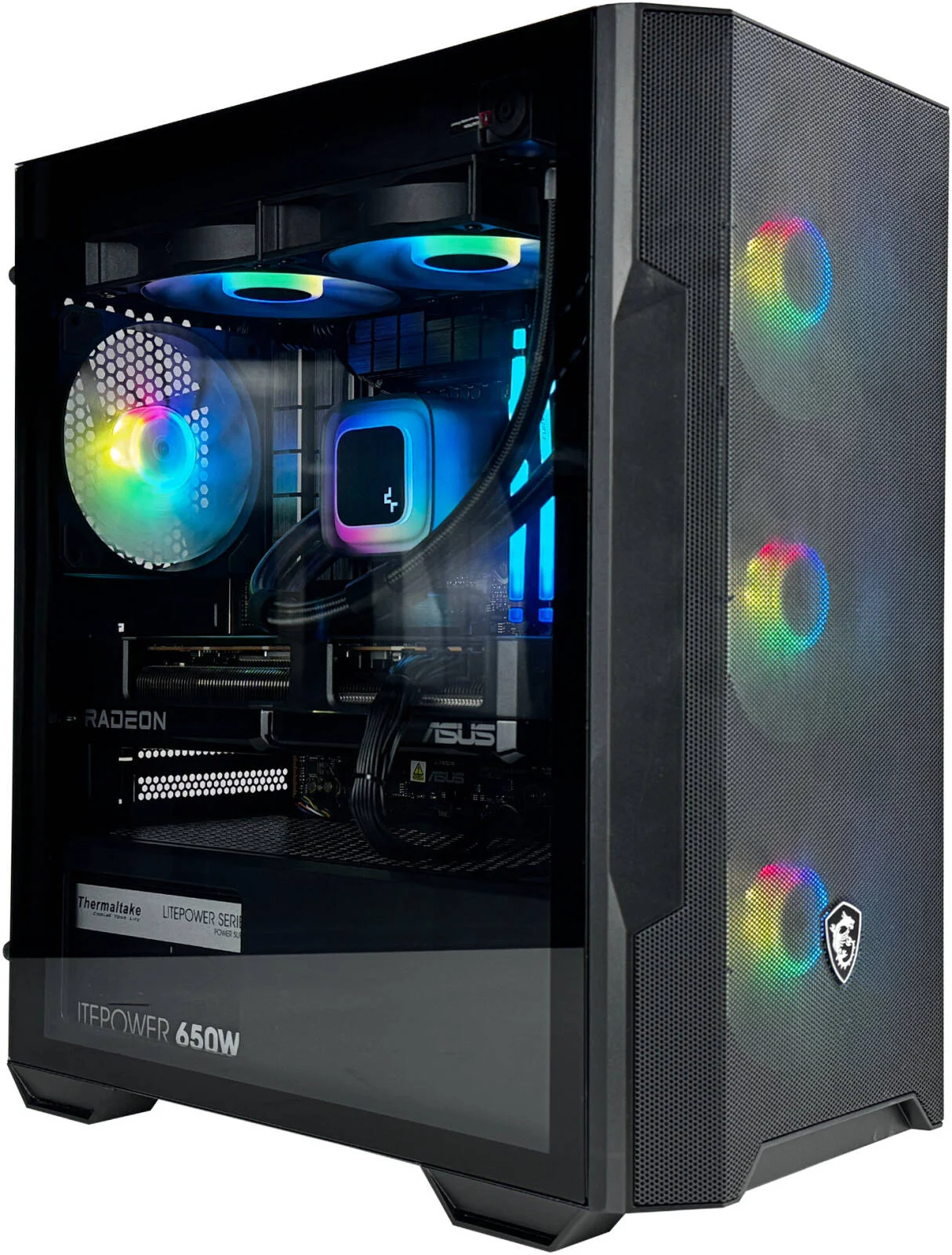 کامپیوتر گیمینگ MetaStrike - پردازنده AMD Ryzen 7 9700X با 8 هسته و 16 رشته، کارت گرافیک AMD Radeon RX 7800 XT با 16 گیگابایت حافظه، 16 گیگابایت رم DDR5 با فرکانس 5600 مگاهرتز، 1 ترابایت SSD Gen 4، منبع تغذیه 850W 80 PLUS، خنک کننده مایع 240 میلی متری، Wi-Fi + BT