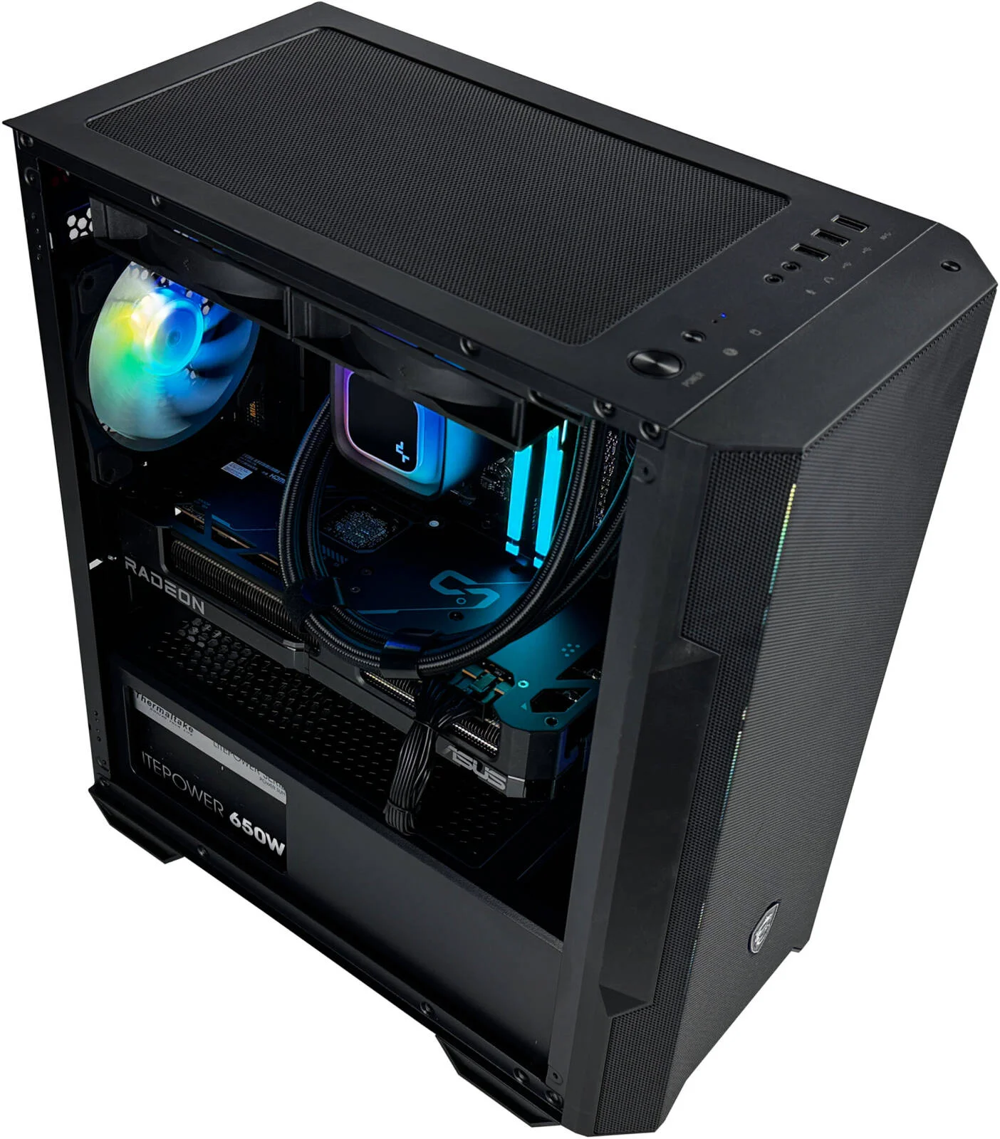 کامپیوتر گیمینگ MetaStrike - پردازنده AMD Ryzen 7 9700X با 8 هسته و 16 رشته، کارت گرافیک AMD Radeon RX 7800 XT با 16 گیگابایت حافظه، 16 گیگابایت رم DDR5 با فرکانس 5600 مگاهرتز، 1 ترابایت SSD Gen 4، منبع تغذیه 850W 80 PLUS، خنک کننده مایع 240 میلی متری، Wi-Fi + BT