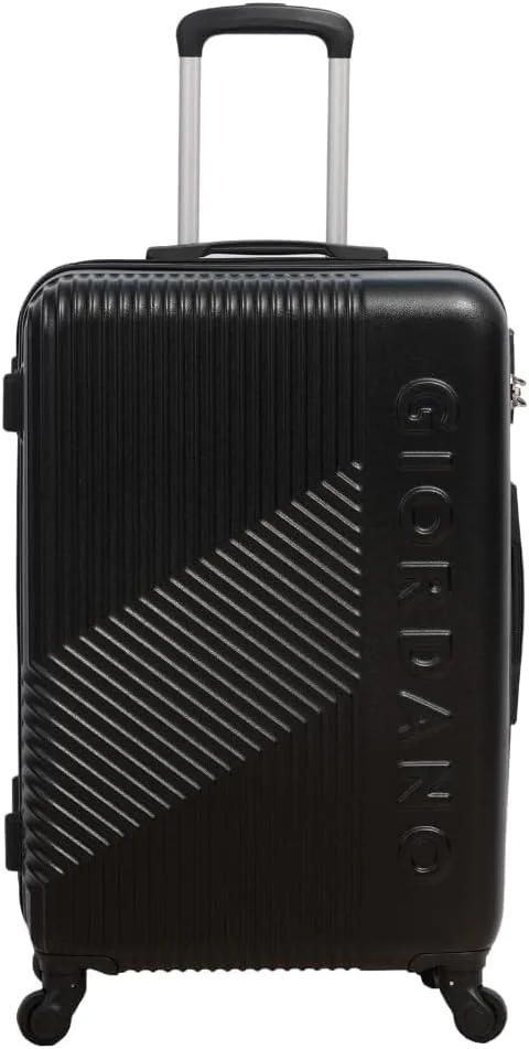 چمدان بزرگ طرح لوگو جیوردانو مشکی، بدنه سخت ABS، سبک و بادوام، دارای 4 چرخ، دسته تلسکوپی و قفل 3 رقمی.