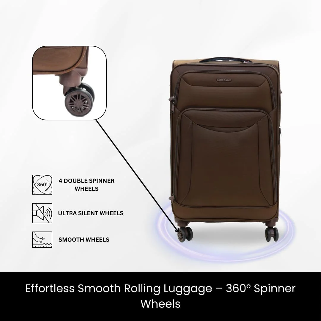 چمدان متوسط سری کازابلانکا GIORDANO قهوه ای، نایلون نرم، سبک وزن، بادوام، قابل افزایش، 4 چرخ، کیف چرخدار سایز 24 اینچ با قفل 3 رقمی ایمن