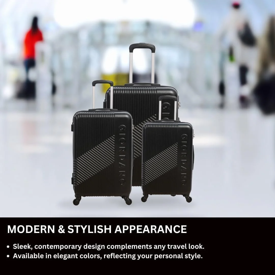 چمدان بزرگ طرح لوگو جیوردانو مشکی، بدنه سخت ABS، سبک و بادوام، دارای 4 چرخ، دسته تلسکوپی و قفل 3 رقمی.