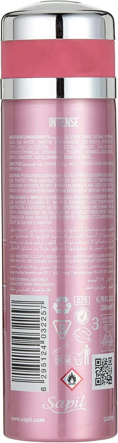 اسپری خوشبو کننده بدن زنانه ساپیل مدل Intense حجم 200 میل