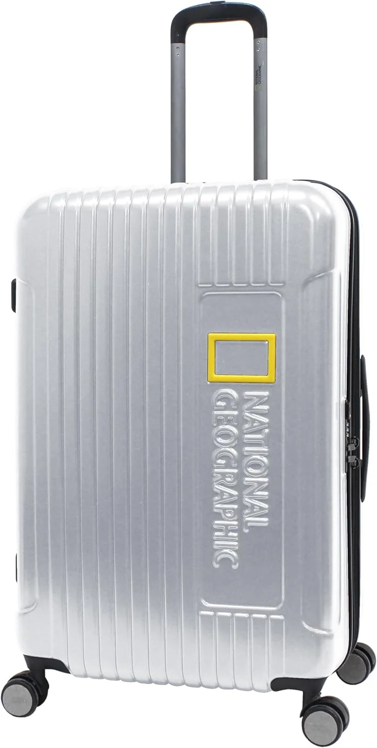 چمدان بزرگ سایز National Geographic Canyon ABS/PC با پوسته سخت، نقره ای، بادوام، سبک وزن، زیپ ضد سرقت قابل افزایش، قفل ترکیبی، چمدان مسافرتی، کیف ترولی 4 چرخ دوبل (71 سانتی متر / 28 اینچ).