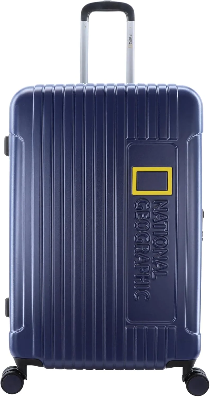 چمدان بزرگ سایز National Geographic Canyon ABS/PC با پوسته سخت، آبی متالیک، بادوام، سبک وزن، دارای زیپ ضد سرقت، قفل TSA و قابلیت افزایش حجم، دارای 4 چرخ دوبل (سایز 28 اینچ)