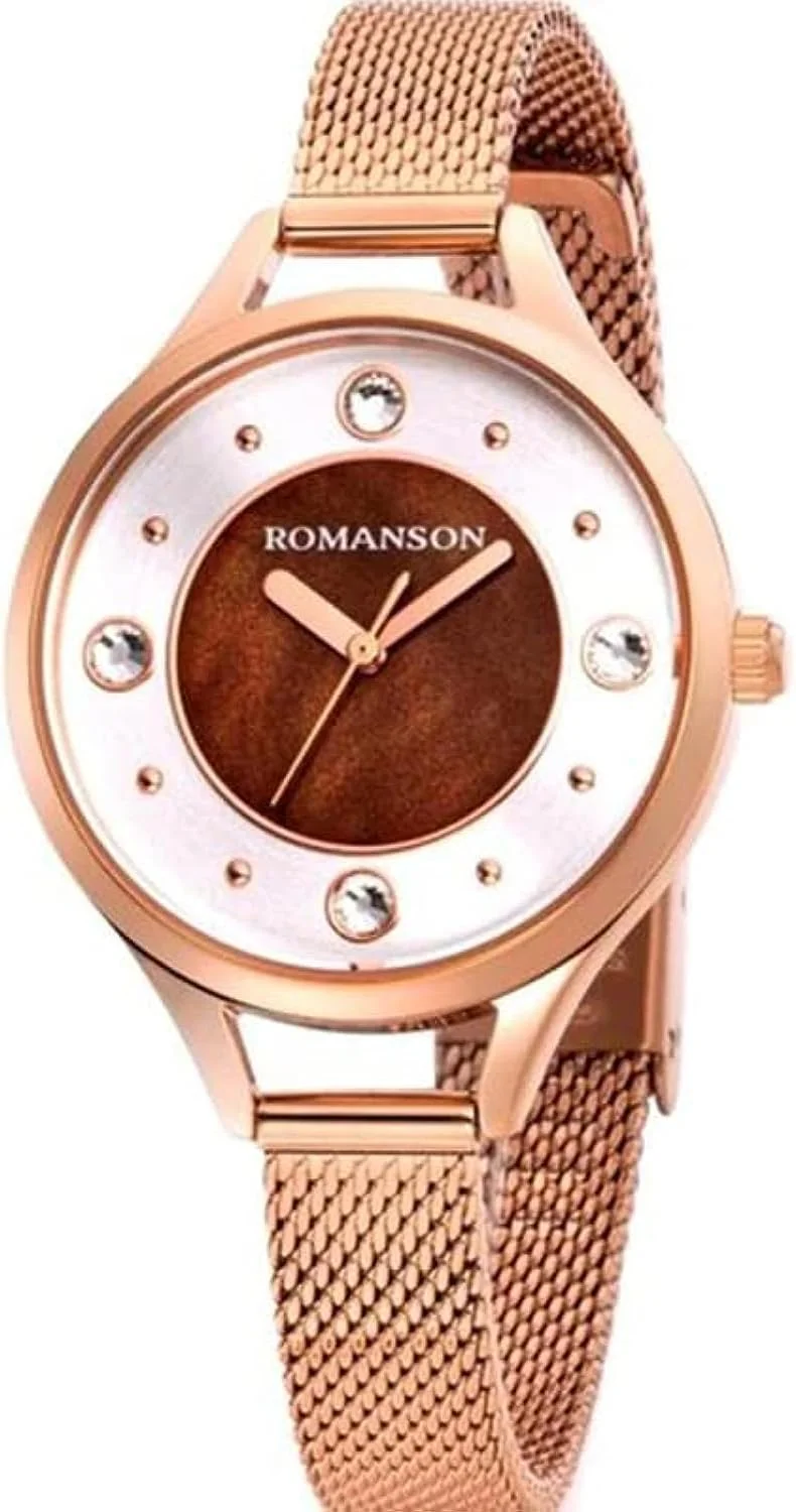 ساعت مچی آنالوگ زنانه رومانسون با بند استیل ضد زنگ، مقاوم در برابر آب، Rm0B04Llrrmc6R، طلایی-رزگلد