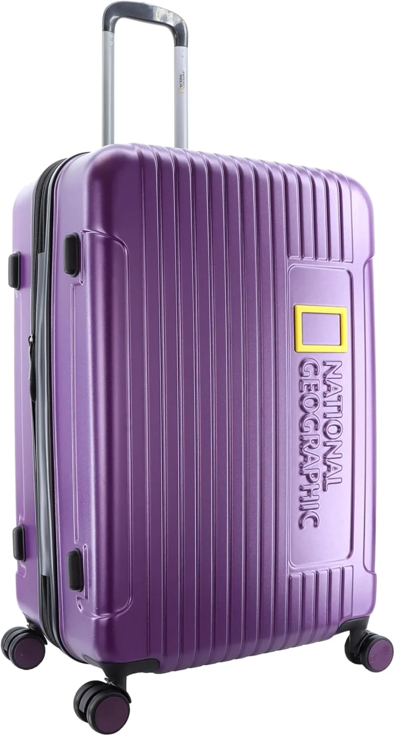 چمدان بزرگ سایز باربری سخت پوسته نشنال جئوگرافیک مدل کنیون، رنگ بنفش متالیک، بادوام، سبک وزن، دارای زیپ ضد سرقت، قفل TSA و 4 چرخ دوبل (سایز 28 اینچ)