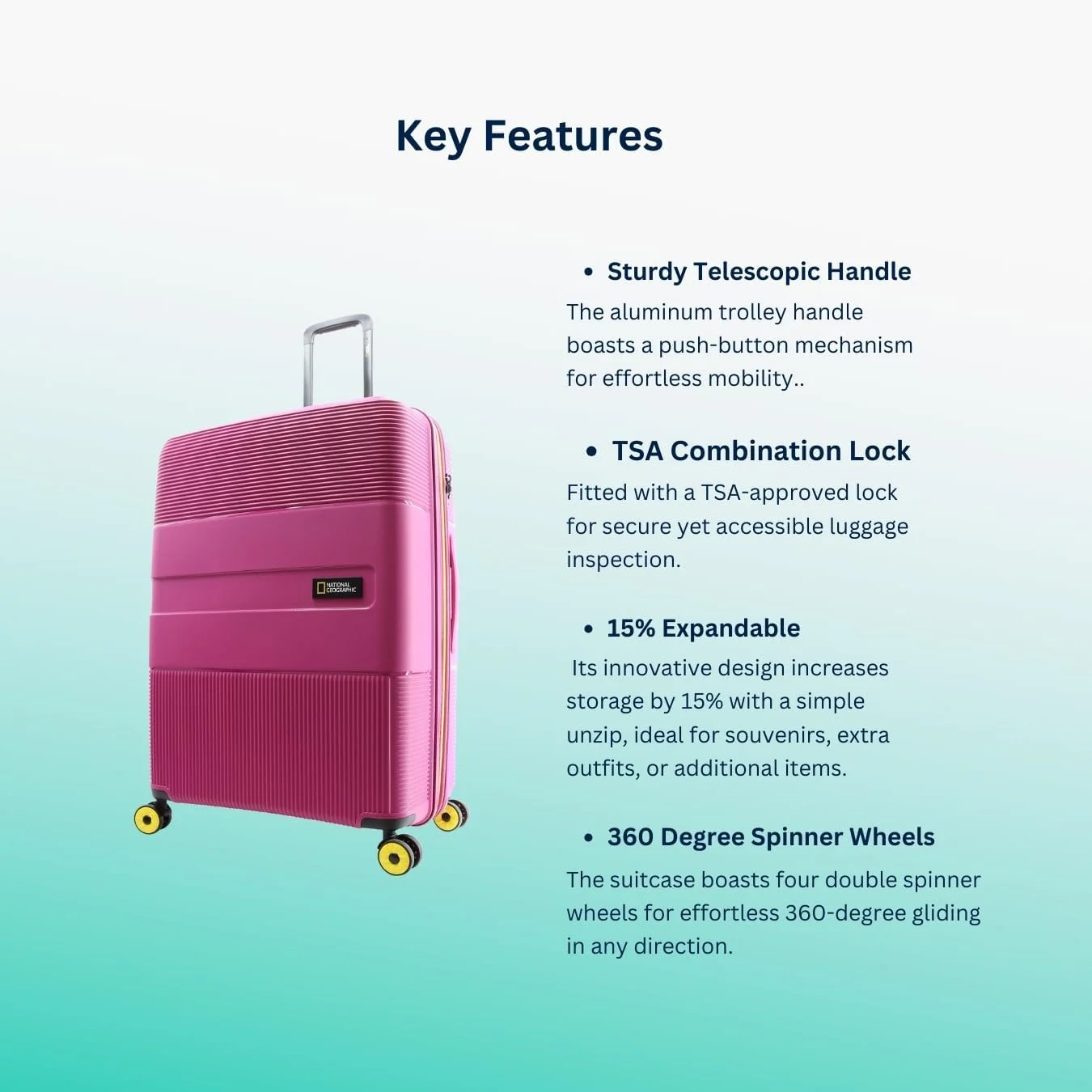 چمدان بزرگ سخت پوسته نشنال جئوگرافیک مدل Cavern Check-In، صورتی سرخابی، بادوام/ نشکن/ سبک وزن/ زیپ ضد سرقت/ دارای 4 چرخ دوبل و قفل ترکیبی (71 سانتی متر/ 28 اینچ).