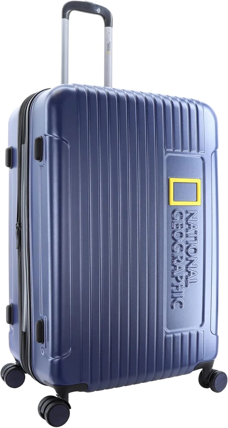 چمدان بزرگ سایز National Geographic Canyon ABS/PC با پوسته سخت، آبی متالیک، بادوام، سبک وزن، دارای زیپ ضد سرقت، قفل TSA و قابلیت افزایش حجم، دارای 4 چرخ دوبل (سایز 28 اینچ)
