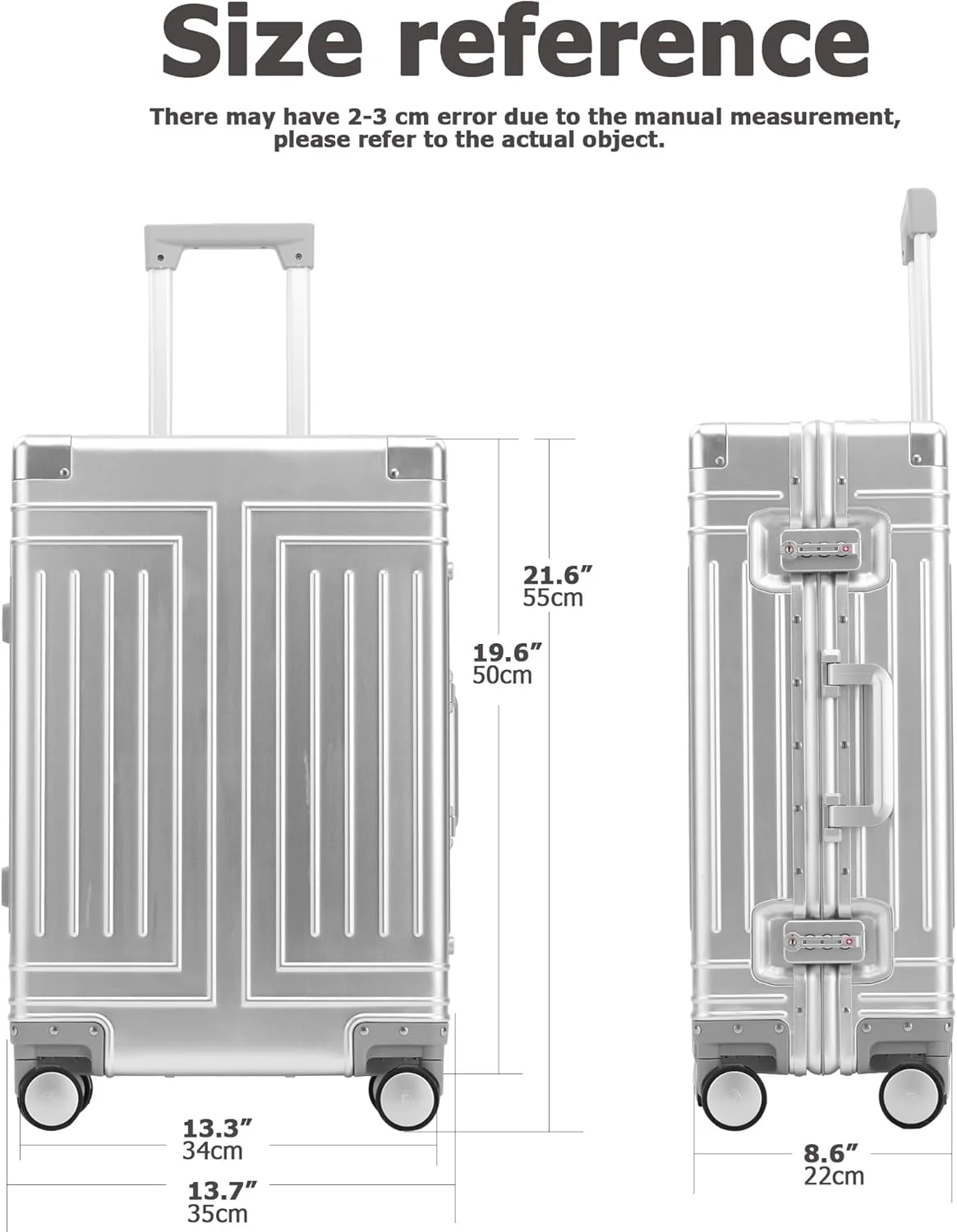 چمدان آلومینیومی 20 اینچی Feilario، چمدان کابین سایز با بدنه سخت، بدون زیپ، چرخ های اسپینر 360 درجه - با 4 محافظ ضد ضربه گوشه، نقره ای - 20 اینچ، مناسب سفر کاری