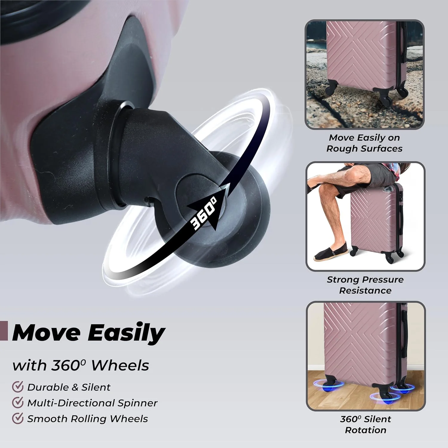 چمدان چرخ دار بی پایان با ابعاد ۷۵ سانتی متر | چمدان سخت، ساخته شده از مواد ABS + پلی کربنات | دارای ۴ چرخ گردان ۳۶۰ درجه برای مسافرت به همراه قفل TSA | رنگ: رزگلد چمدان چرخ دار بی پایان با ابعاد ۷۵ سانتی متر | چمدان سخت، ساخته شده از مواد ABS + پلی کربنات | دارای ۴ چرخ گردان ۳۶۰ درجه برای مسافرت به همراه قفل TSA | رنگ: رزگلد